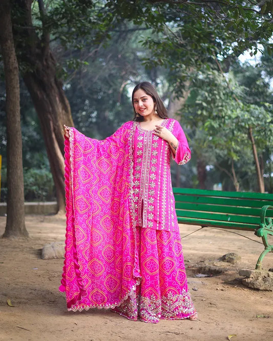 Pure Silk Mirror Work & Zari Embroidered Bandhani Sharara Suit