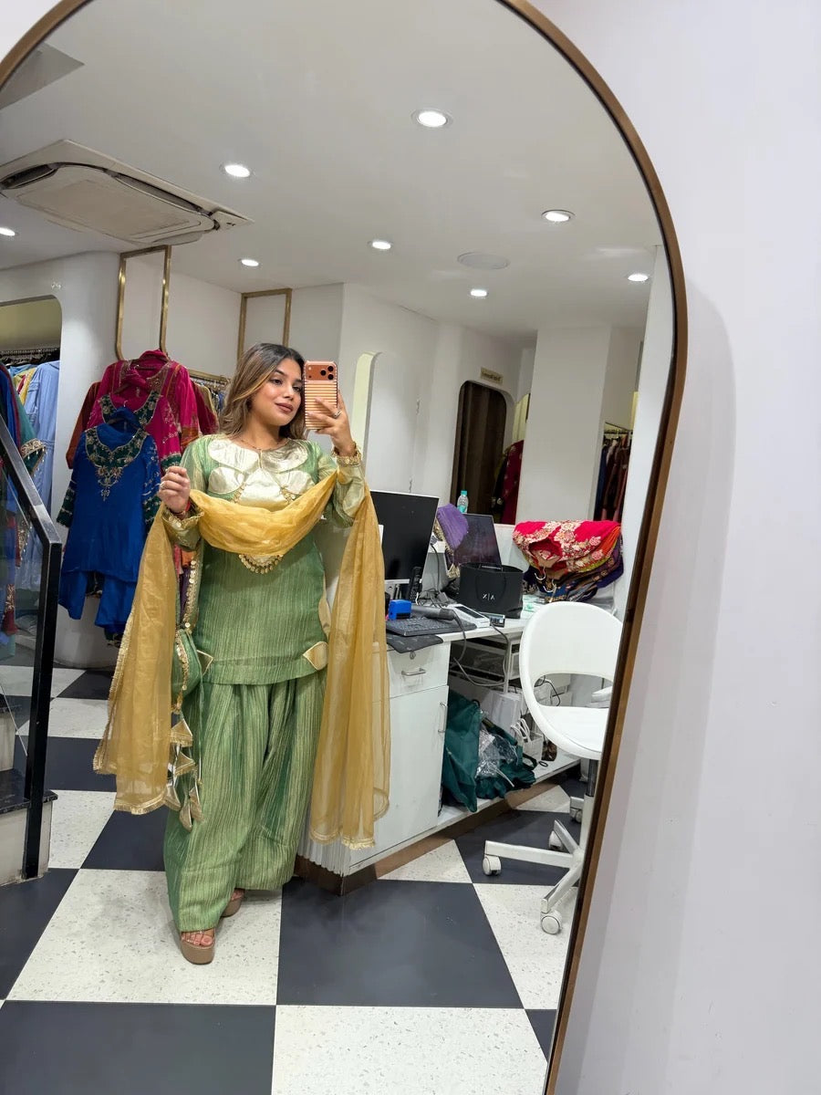 Designer Crush Tissue Gold Patch Kurta With Farshi Salwar, Dupatta and Potli