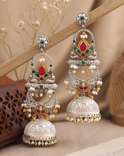 Partywear Designer Oxidized Silver And Gold Polish Dual Tone Kashmiri Jhumka Earrings