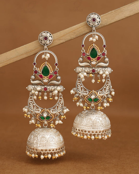 Partywear Designer Oxidized Silver And Gold Polish Dual Tone Kashmiri Earrings/Jhumka