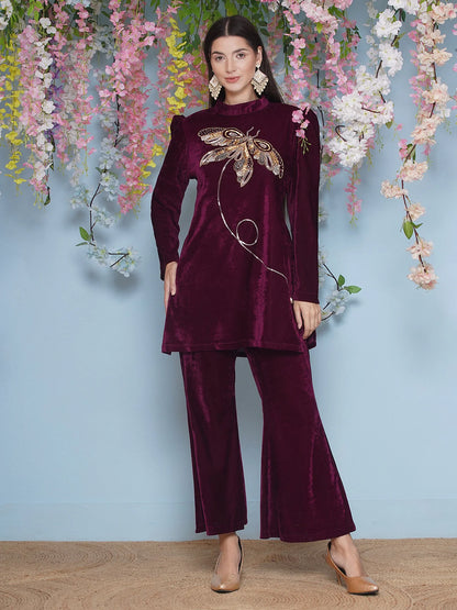 Wine Velvet Hand Embellished Co-ord Set