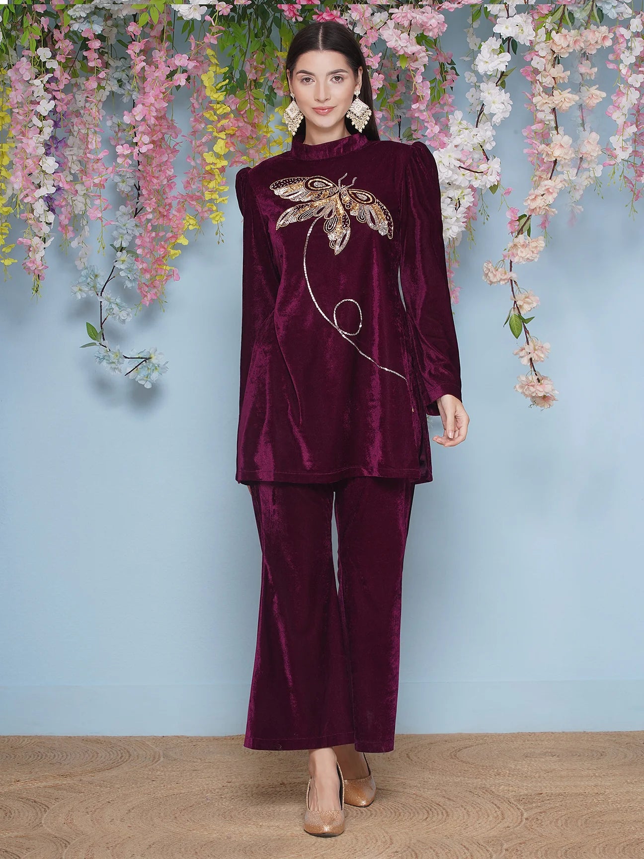 Wine Velvet Hand Embellished Co-ord Set