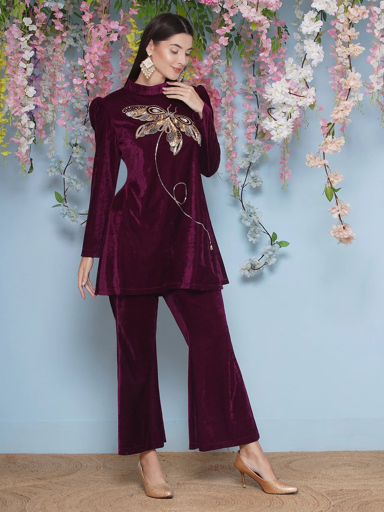 Wine Velvet Hand Embellished Co-ord Set