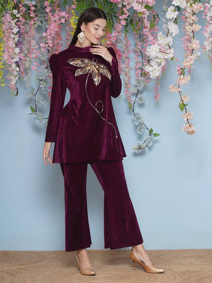 Wine Velvet Hand Embellished Co-ord Set