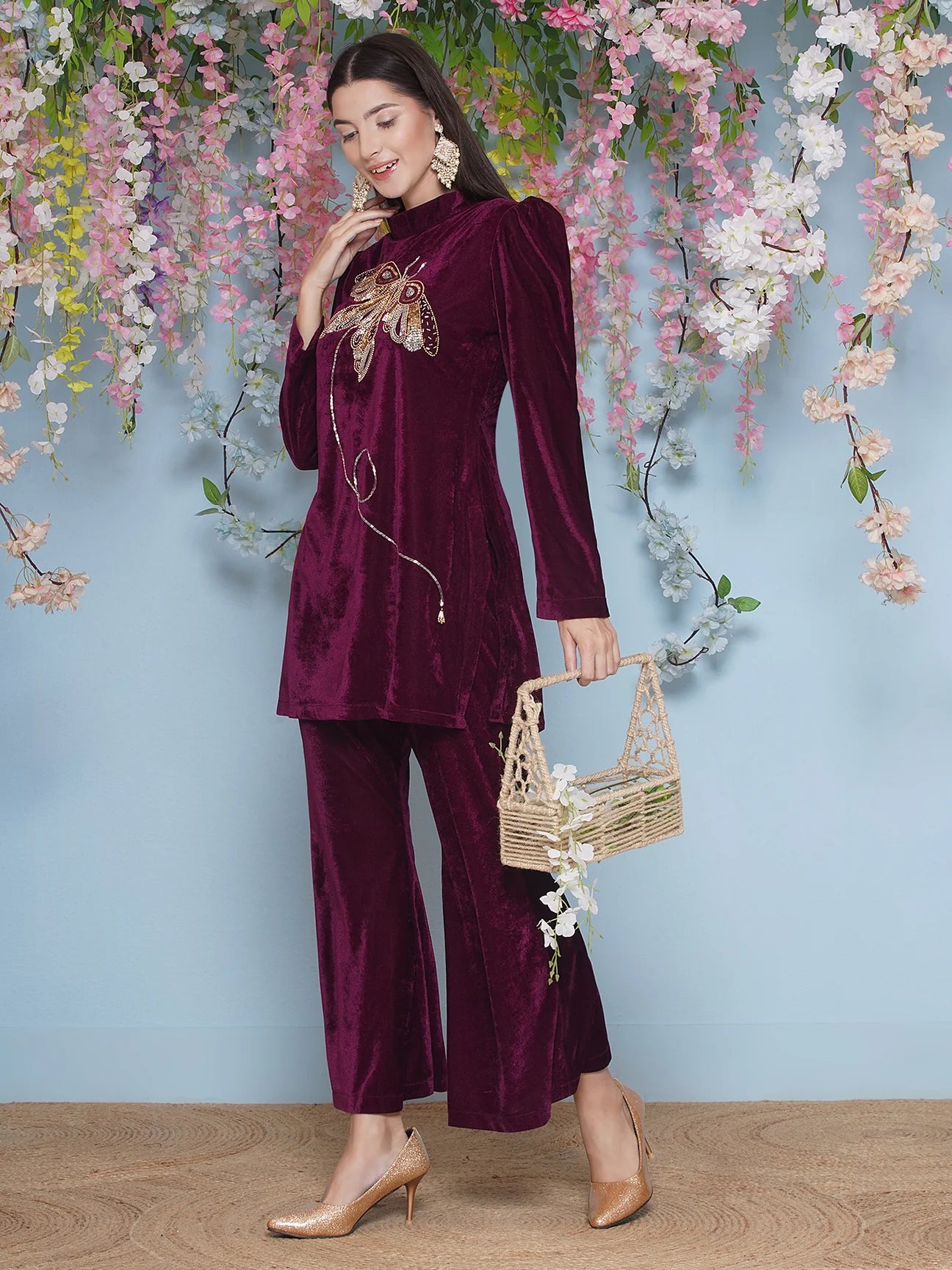 Wine Velvet Hand Embellished Co-ord Set