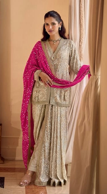 Beige Faux Georgette Hand Embroidered Sequins Dhoti Suit Wedding Wear