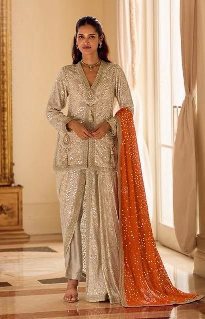 Beige Faux Georgette Hand Embroidered Sequins Dhoti Suit Wedding Wear