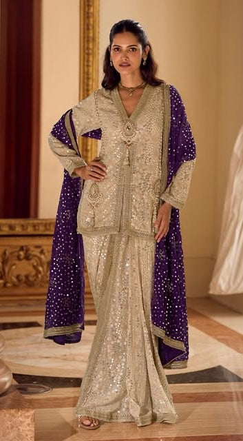 Beige Faux Georgette Hand Embroidered Sequins Dhoti Suit Wedding Wear
