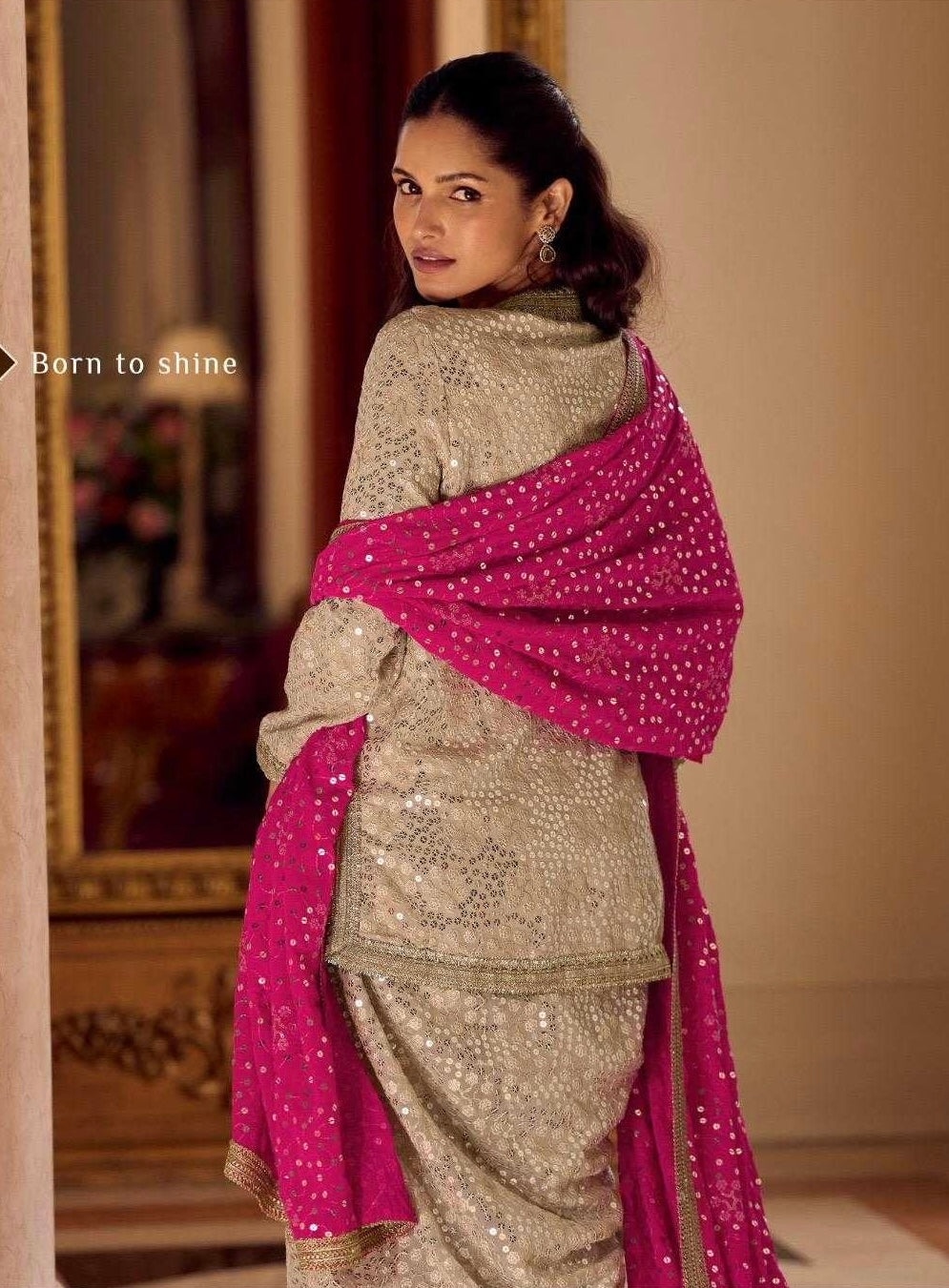 Beige Faux Georgette Hand Embroidered Sequins Dhoti Suit Wedding Wear
