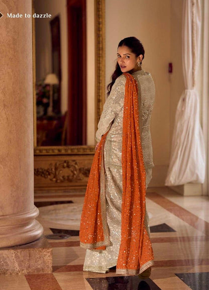 Beige Faux Georgette Hand Embroidered Sequins Dhoti Suit Wedding Wear
