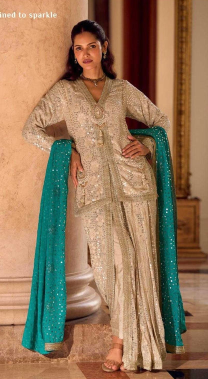Beige Faux Georgette Hand Embroidered Sequins Dhoti Suit Wedding Wear