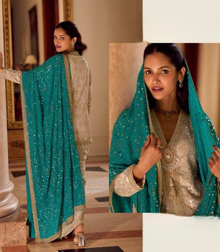 Beige Faux Georgette Hand Embroidered Sequins Dhoti Suit Wedding Wear