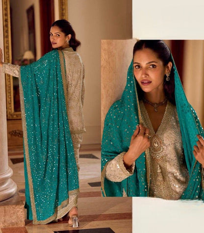 Beige Faux Georgette Hand Embroidered Sequins Dhoti Suit Wedding Wear