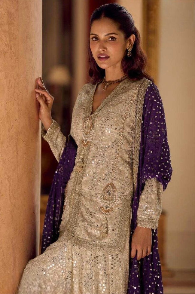Beige Faux Georgette Hand Embroidered Sequins Dhoti Suit Wedding Wear