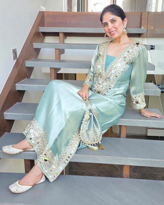 Designer Partywear Mirrorwork Pakistani Jalabiya Kaftan Long Dress