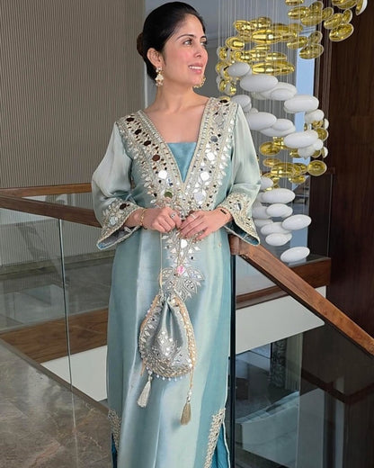Designer Partywear Mirrorwork Pakistani Jalabiya Kaftan Long Dress