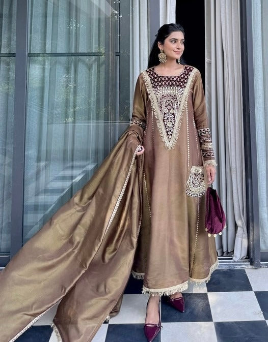 Designer Partywear Zari Work Pakistani A Line Long Dress