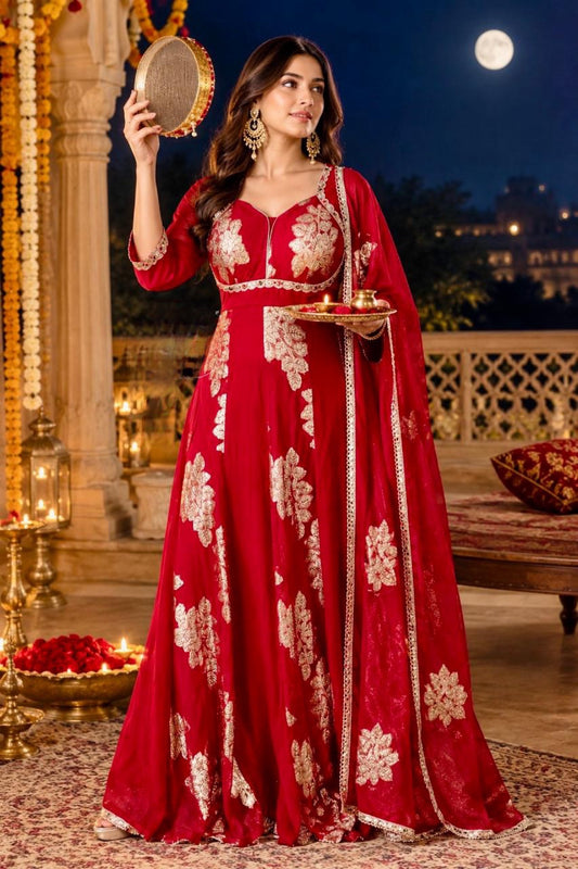 Designer Partywear Georgette Braso Padded Backless Floor Length Anarkali for Karwa Chauth