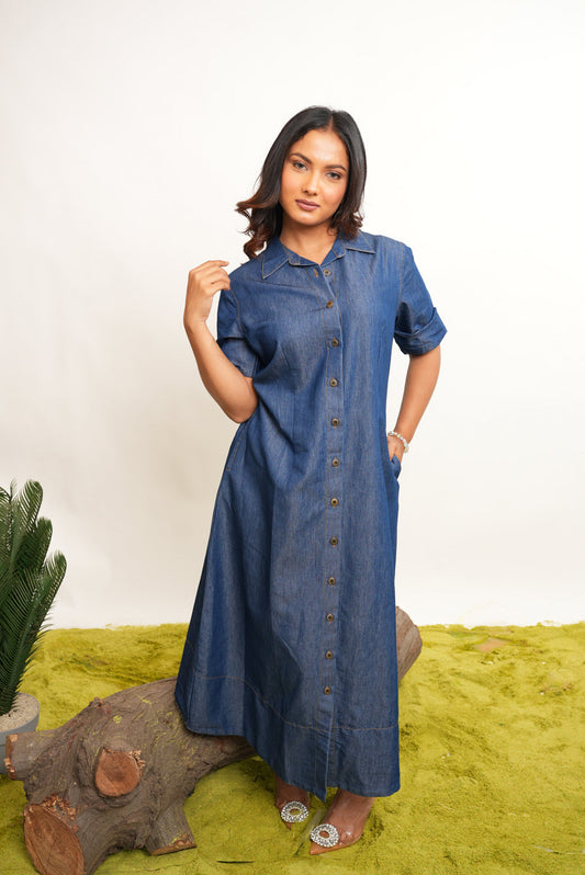 Soft Denim Long Button Down Maxi Dress
