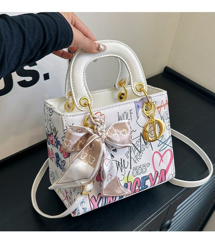 Imported Designer Crossbody Handbag with Graffiti Accent With Silk Scarf
