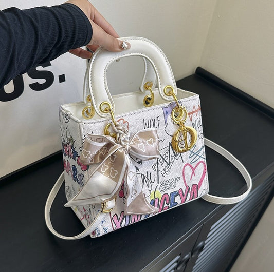 Imported Designer Crossbody Handbag with Graffiti Accent With Silk Scarf