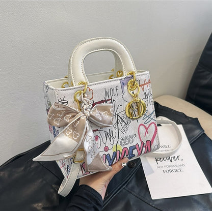 Imported Designer Crossbody Handbag with Graffiti Accent With Silk Scarf