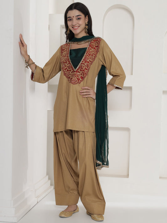 Partywear Dull Gold Shimmer Chinnon Kurta With Farshi Salwar and Dupatta