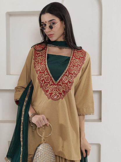 Partywear Dull Gold Shimmer Chinnon Kurta With Farshi Salwar and Dupatta