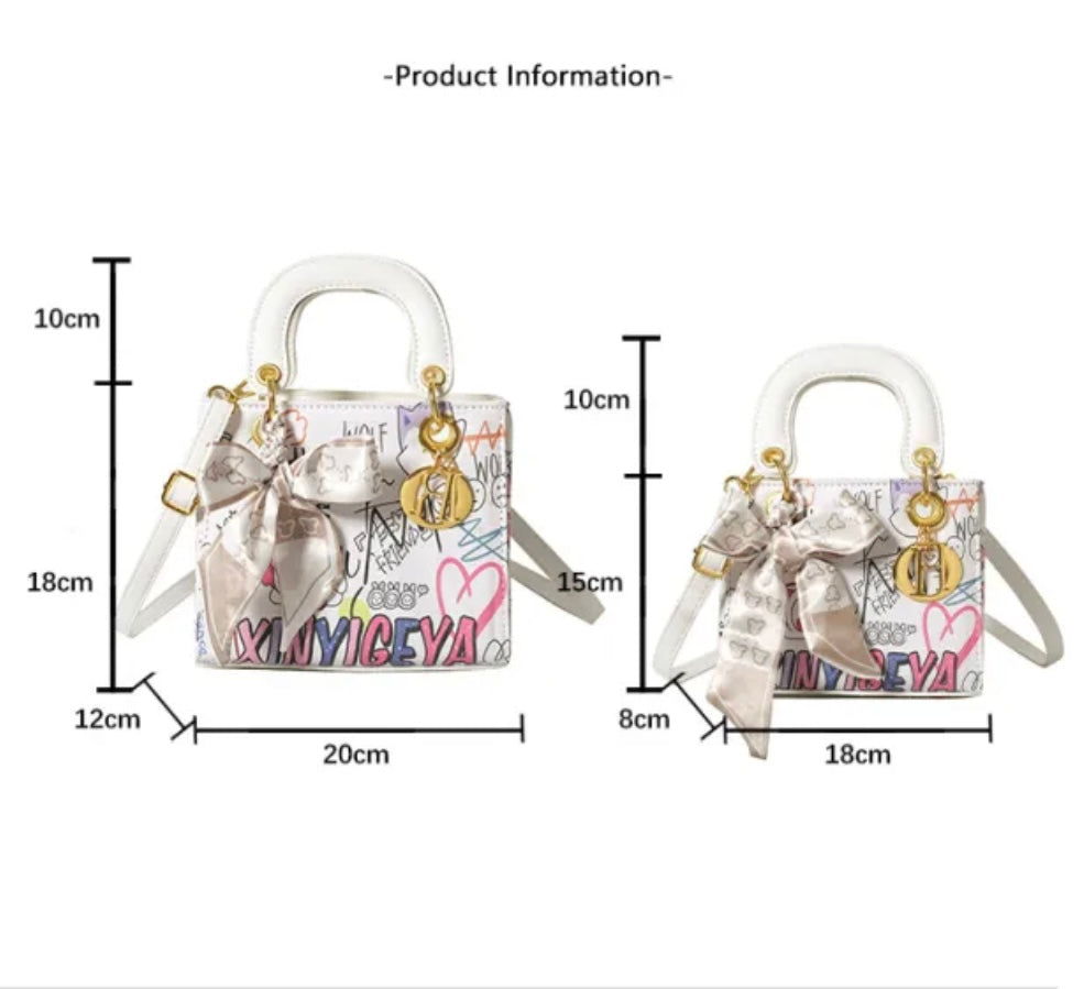 Imported Designer Crossbody Handbag with Graffiti Accent With Silk Scarf