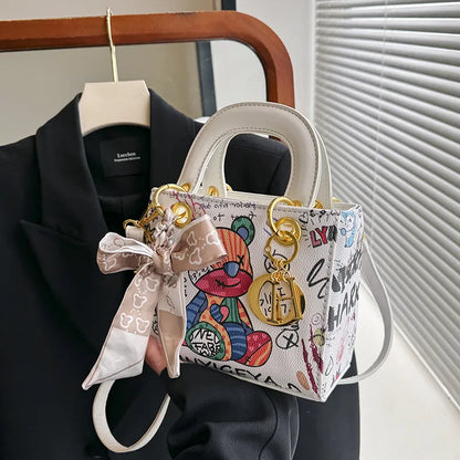 Imported Designer Crossbody Handbag with Graffiti Accent With Silk Scarf