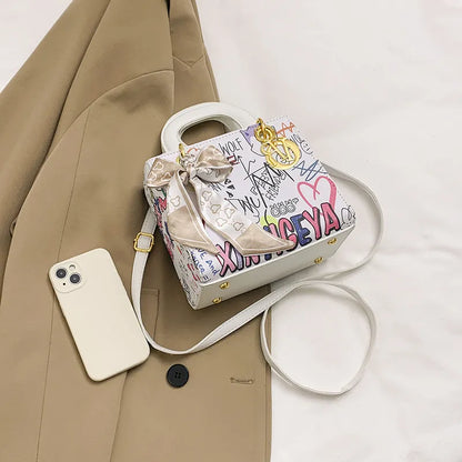 Imported Designer Crossbody Handbag with Graffiti Accent With Silk Scarf