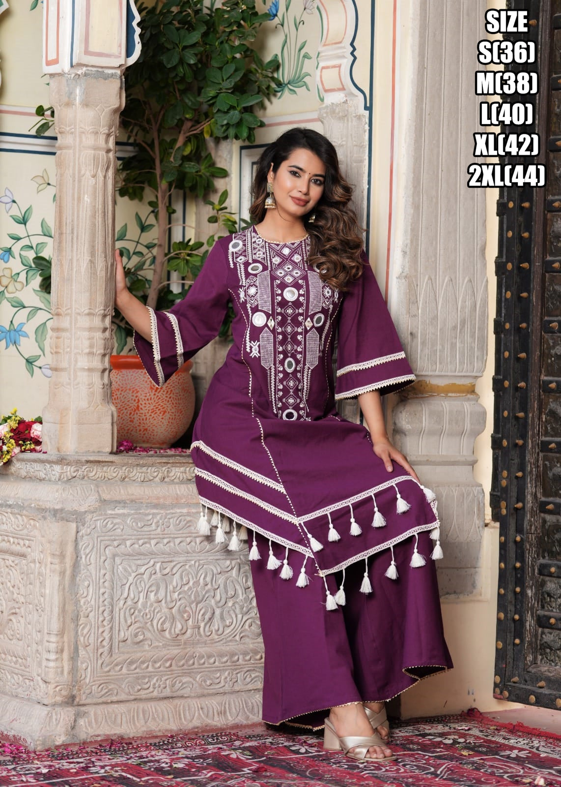 Wine Colour Pure Cotton Embroidered Kurti Plazo Set