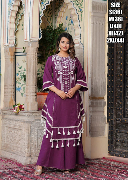 Wine Colour Pure Cotton Embroidered Kurti Plazo Set