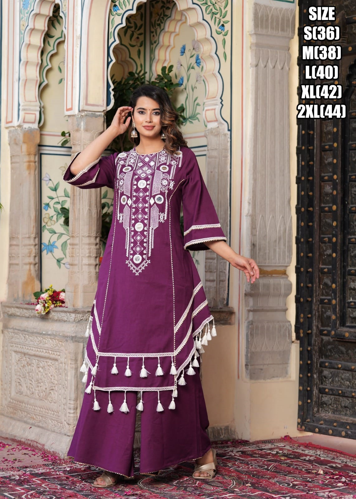 Wine Colour Pure Cotton Embroidered Kurti Plazo Set