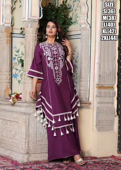 Wine Colour Pure Cotton Embroidered Kurti Plazo Set