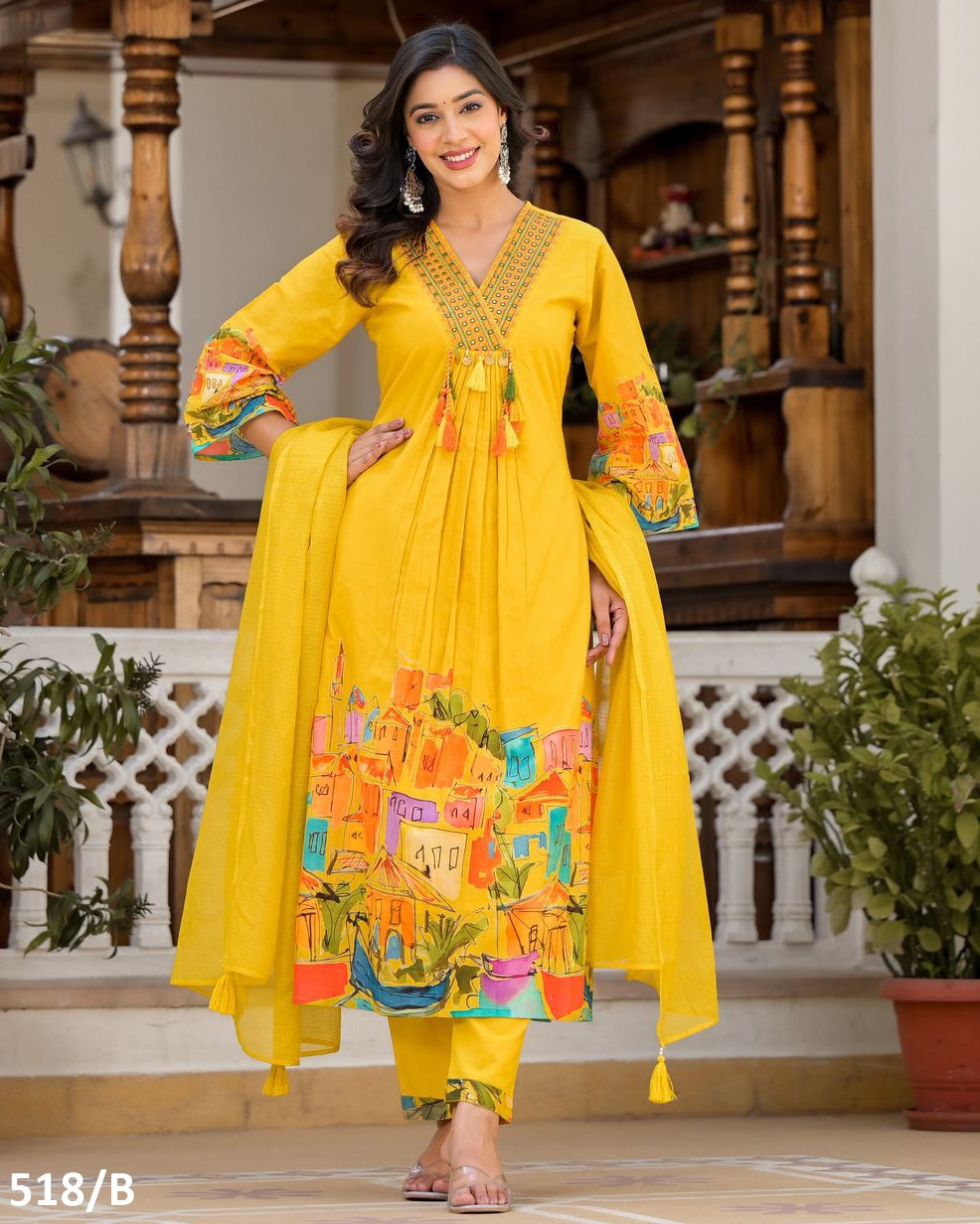 Yellow Digital Print Pure Cotton Stitched Designer Kurti Pant With Mul Cotton Dupatta