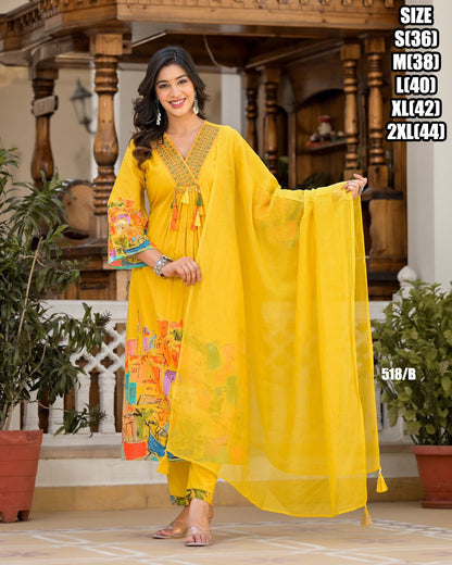 Yellow Digital Print Pure Cotton Stitched Designer Kurti Pant With Mul Cotton Dupatta