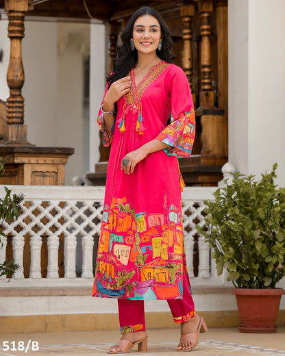 Magenta Digital Print Pure Cotton Stitched Designer Kurti Pant With Mul Cotton Dupatta