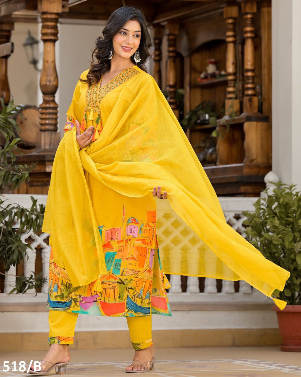 Yellow Digital Print Pure Cotton Stitched Designer Kurti Pant With Mul Cotton Dupatta