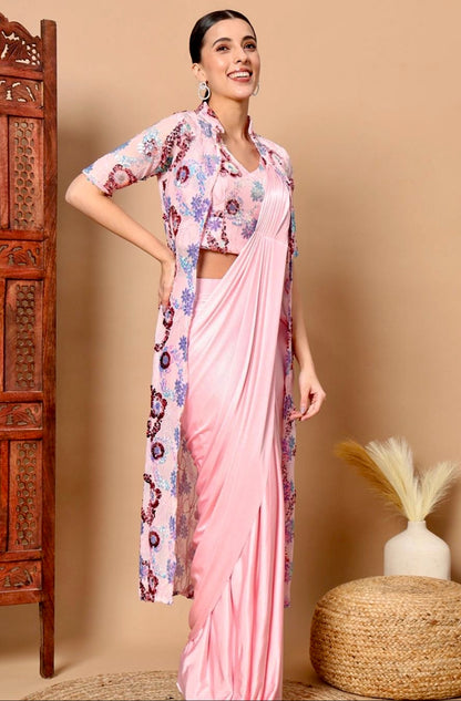 Partywear Baby Pink Ready To Wear Saree With Jacket