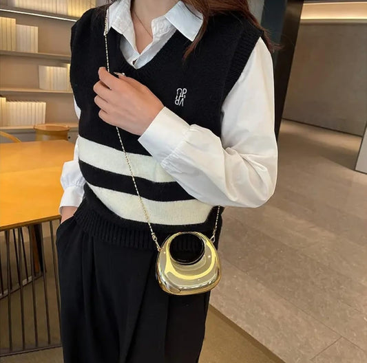 Designer Partywear Gold Zinc Alloy Metal Mini Moon Clutch Bag