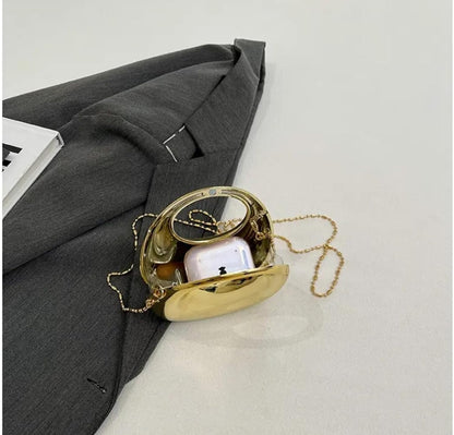 Designer Partywear Gold Zinc Alloy Metal Mini Moon Clutch Bag