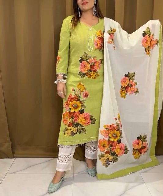 Pista Green Floral Patchwork Pure Cotton Suit