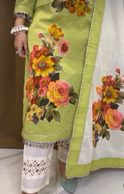 Pista Green Floral Patchwork Pure Cotton Suit