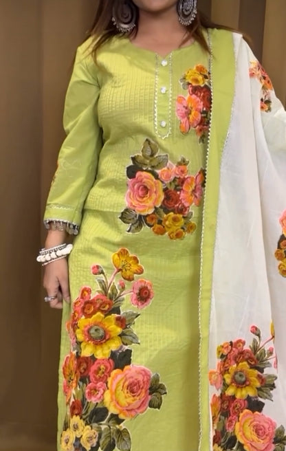 Pista Green Floral Patchwork Pure Cotton Suit
