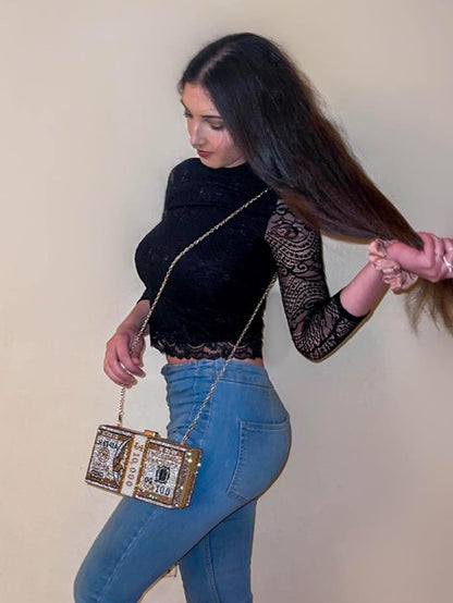 Partywear Gold 10K Dollar Clutch With Rhinestones & Sling Chain