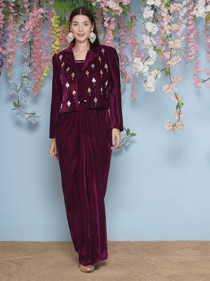 Wine Velvet Hand Embellished Indo-western style jacket with dhoti skirt and inner