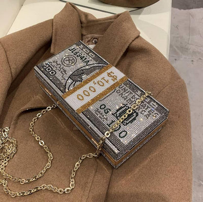 Partywear Grey 10K Dollar Clutch With Rhinestones & Sling Chain