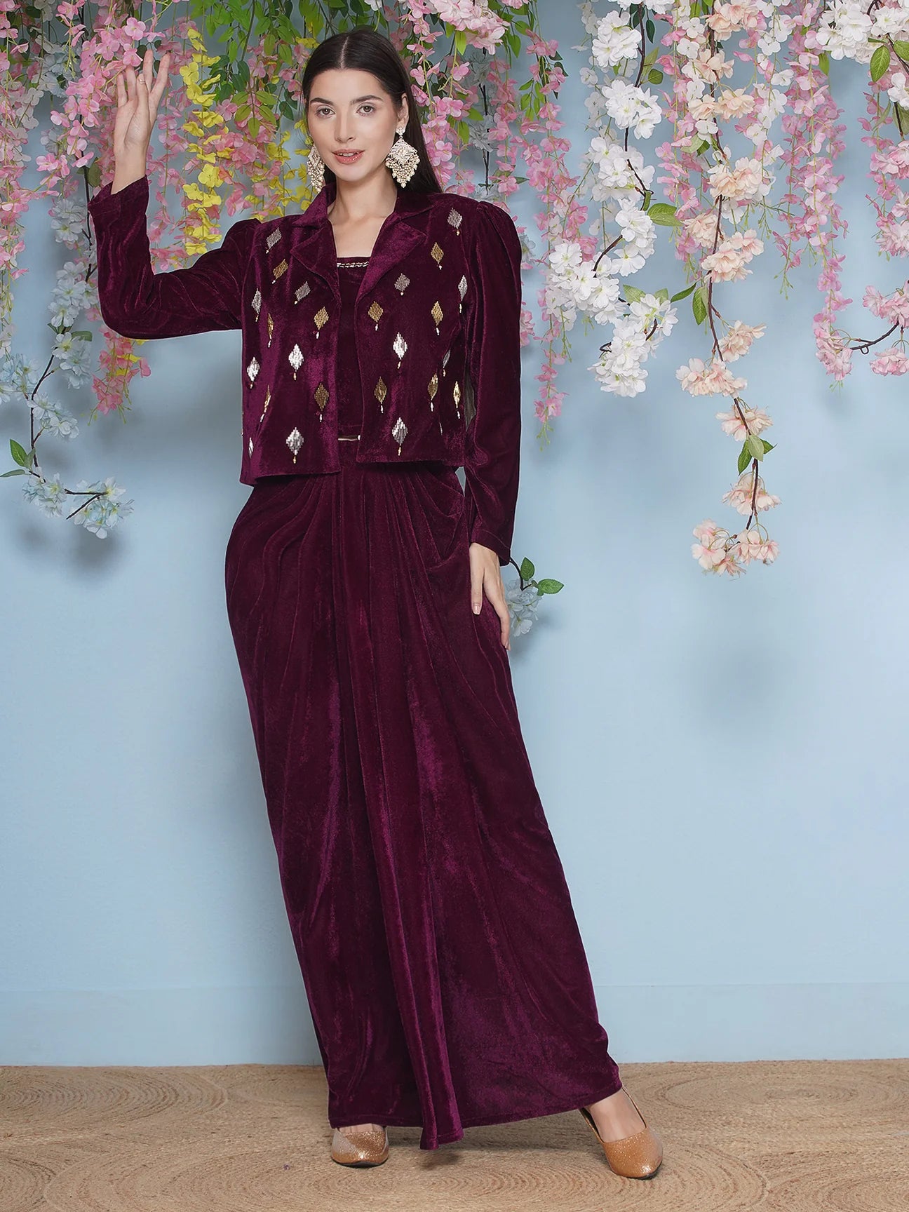 Wine Velvet Hand Embellished Indo-western style jacket with dhoti skirt and inner