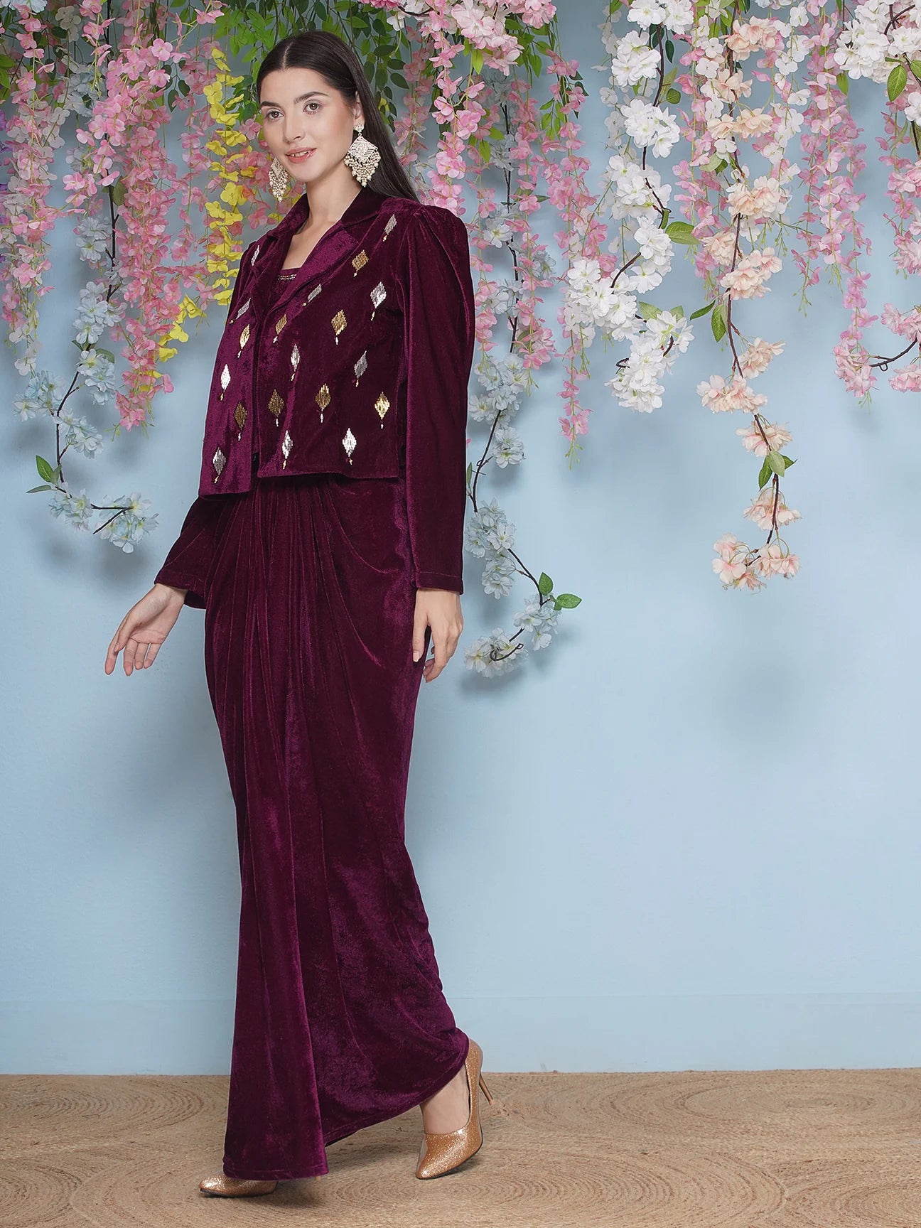 Wine Velvet Hand Embellished Indo-western style jacket with dhoti skirt and inner